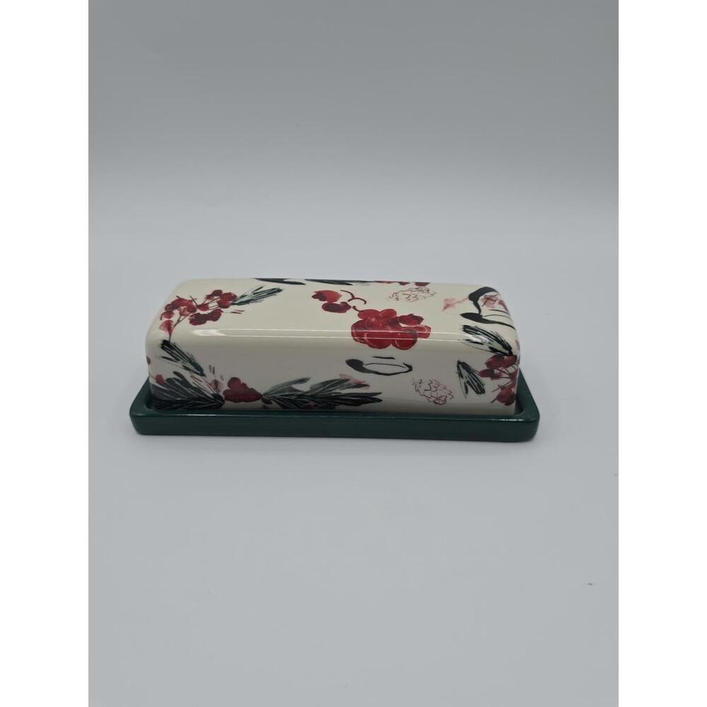 Anthropologie Holly Berry Stoneware Butter Dish Green Base Holiday Kitchen Decor